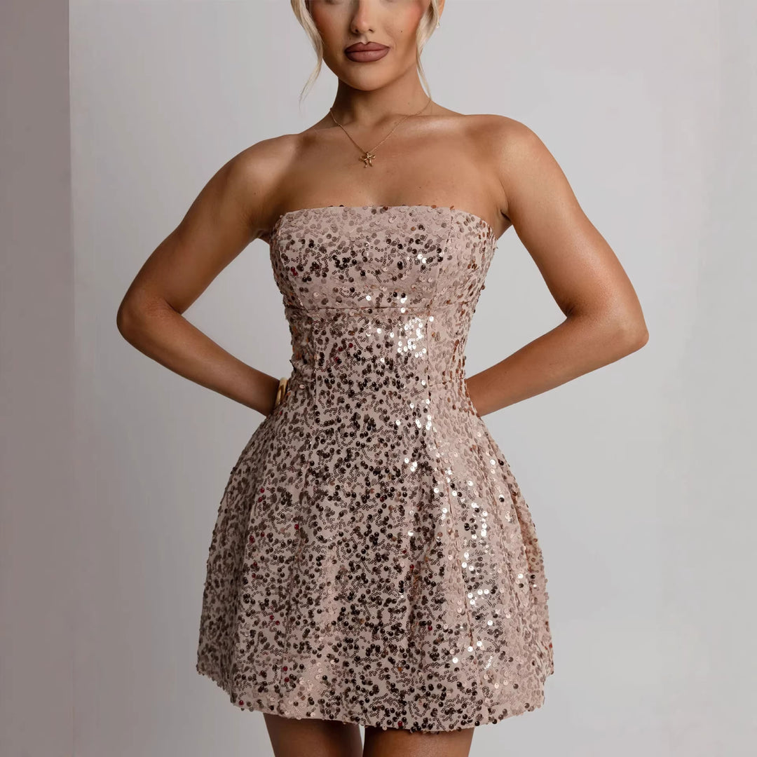 Damen Cocktailkleid mit funkelnden Pailletten und schulterfreiem Design Drune
