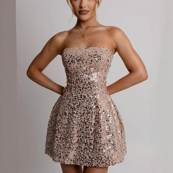 Damen Cocktailkleid mit funkelnden Pailletten und schulterfreiem Design Drune