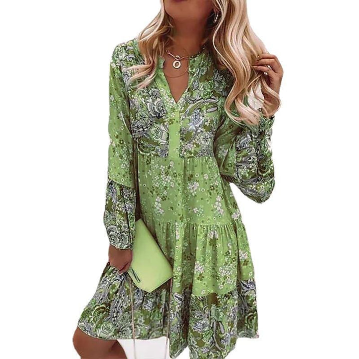Damen nan florales Boho-Kleid mit V-Ausschnitt und Stufenrock Drune