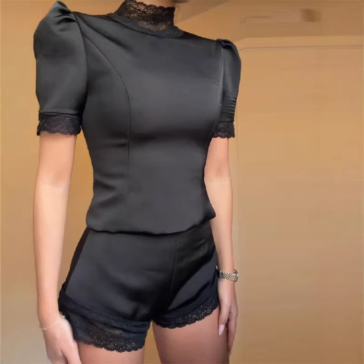 Damen Satin Schlafshorts mit Spitzenverzierung Drune