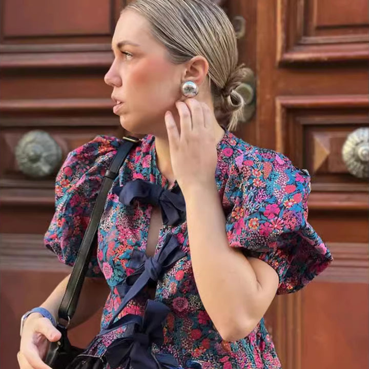 Damen Bluse mit voluminösen Ärmeln und floralen Mustern Drune
