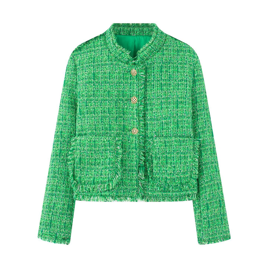 Damen Kurze Tweedjacke mit Fransen und dekorativen Knöpfen Drune