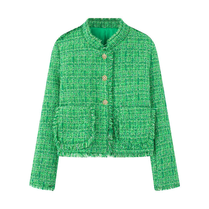 Damen Kurze Tweedjacke mit Fransen und dekorativen Knöpfen Drune