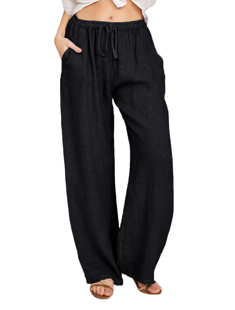 Damen lässige Leinenhose mit weitem Bein und elastischem Bund Drune