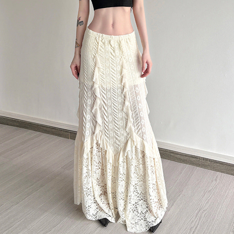 Damen eleganter Maxirock mit raffinierten Rüschen und Spitzenakzenten Drune