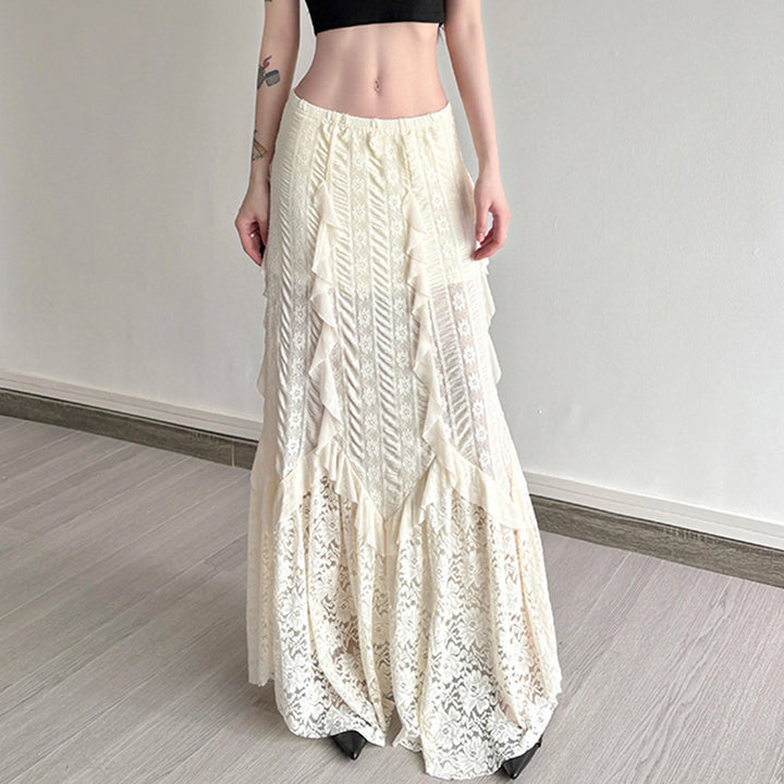 Damen eleganter Maxirock mit raffinierten Rüschen und Spitzenakzenten Drune