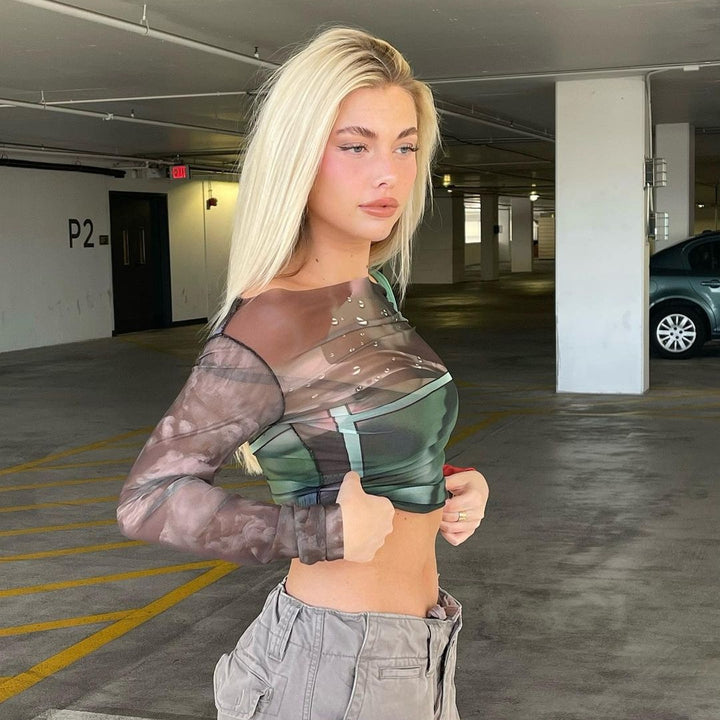 Damen Langarm Crop-Top mit transparenten Akzenten und grafischem Design Drune