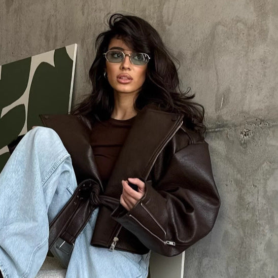 Damen Übergröße Kunstlederjacke im lässigen Stil Drune
