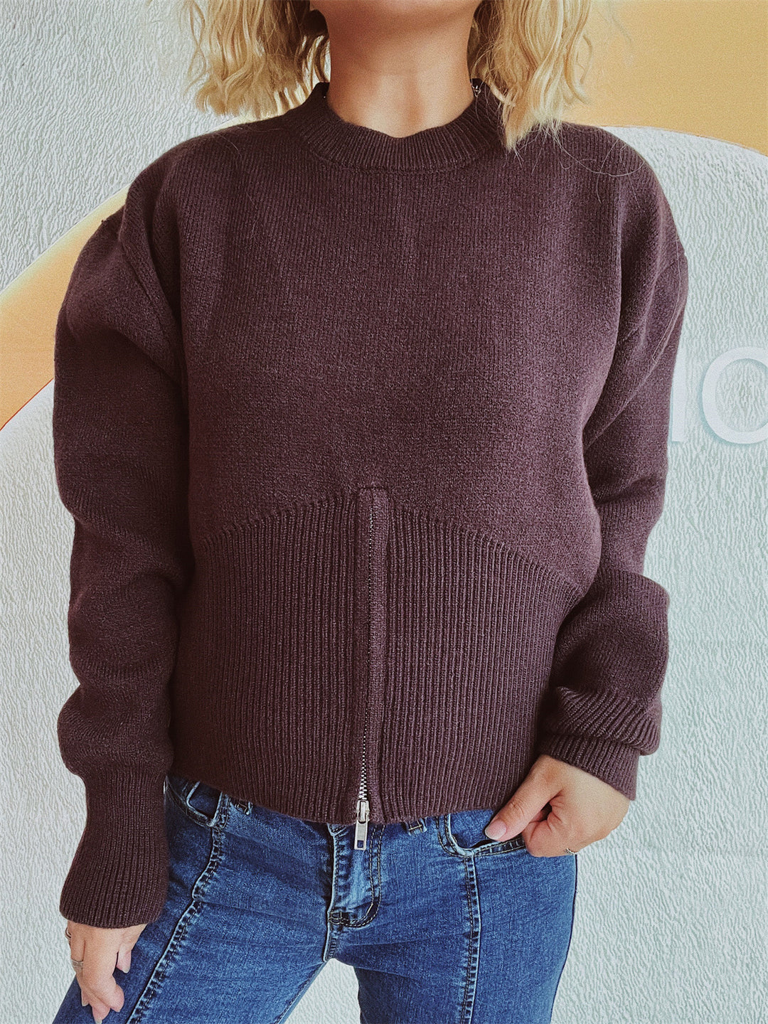 Damen modischer Pullover mit strukturiertem Reißverschluss und lockerer Passform Drune
