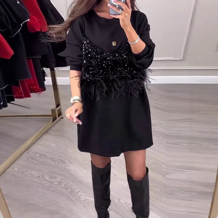 Damen modisches Sweatkleid mit Pailletten- und Federdetails Drune