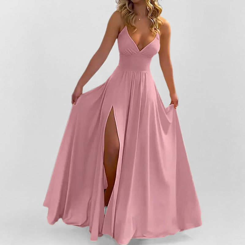 Damen Maxikleid mit tiefem V-Ausschnitt und figurbetontem Oberteil Drune