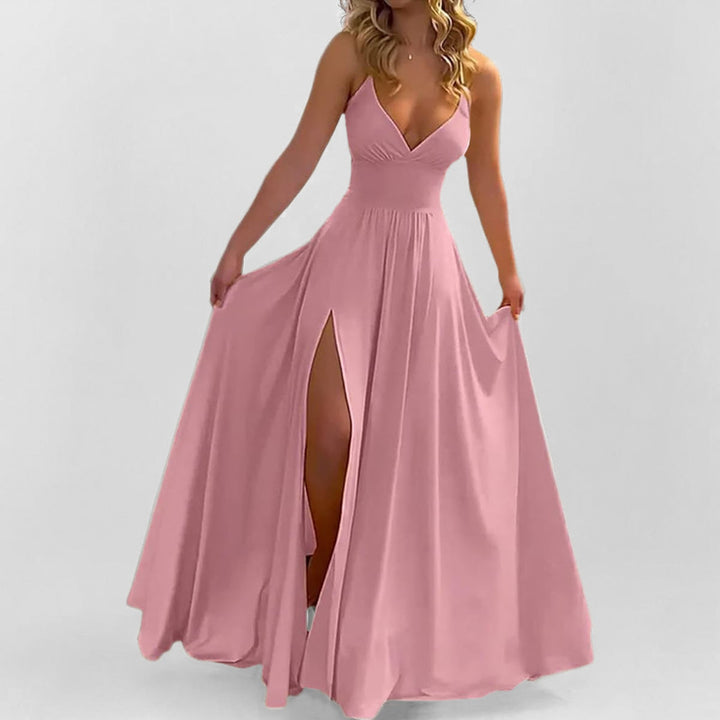 Damen Fließendes Maxikleid mit tiefem V-Ausschnitt und hohem Schlitz Drune