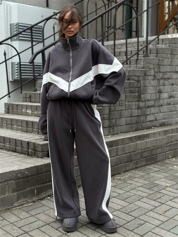 Damen Sportlicher Jogginganzug mit hohem Kragen und markanten Kontraststreifen Drune