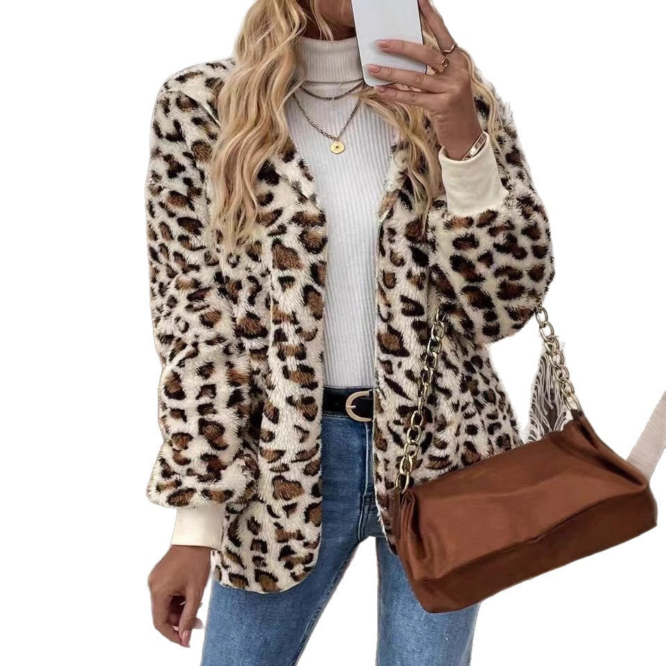 Damen Kuschelige Leo-Teddyjacke mit langen Ärmeln und elegantem Schnitt Drune