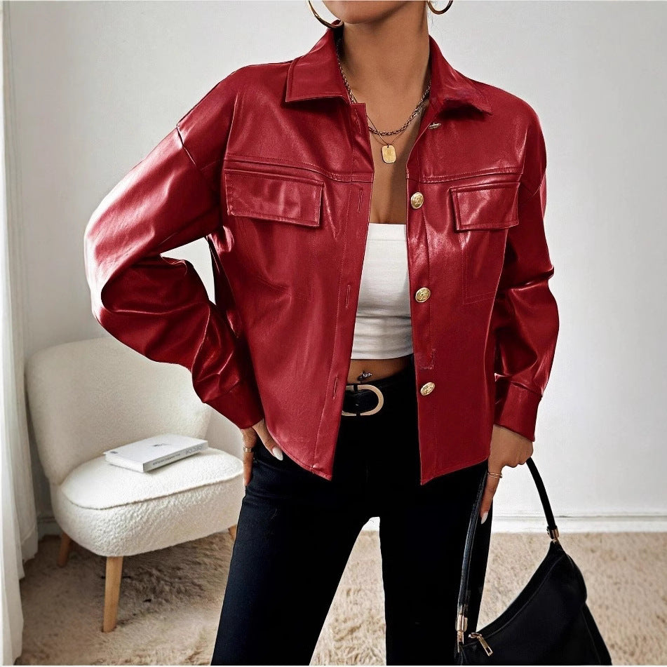 Damen Modische Kunstlederjacke im Oversized-Stil Drune