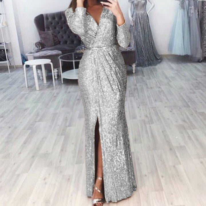 Damen langes Abendkleid mit elegantem Wickelschnitt und Schlitz Drune