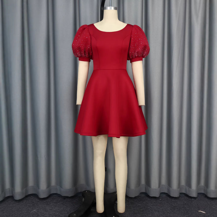 Damen A-Linien Kleid mit glamourösen Puffärmeln und Perlenapplikationen Drune