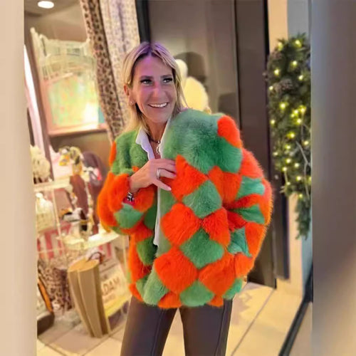Damen auffällige Kunstpelzjacke mit innovativem Karomuster und kurzem Schnitt Drune