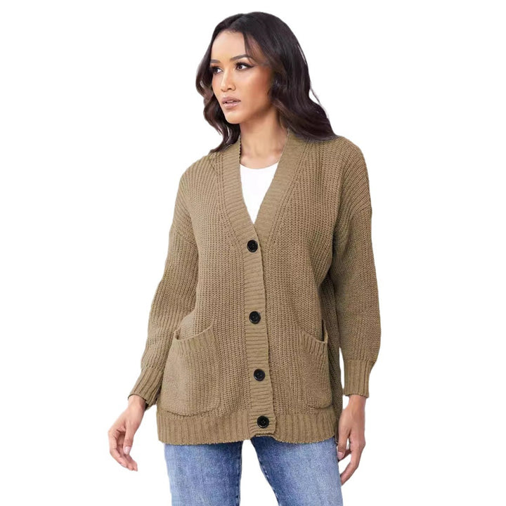 Damen Grobstrickjacke mit großen Taschen und modernem Knopfdesign Drune