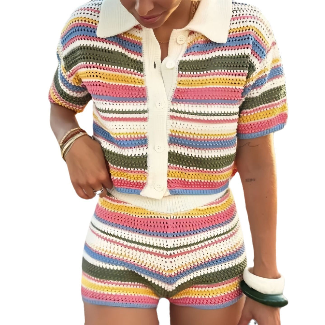 Damen Häkelschnitt Short-Set mit modischen Streifen Drune