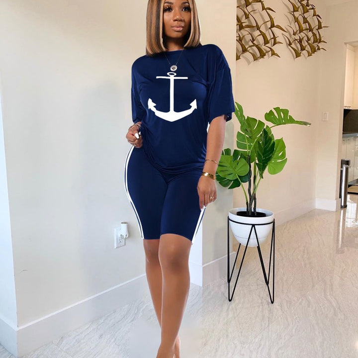 Damen Sportliches Kurzarm-Kleid mit maritimem Ankerdesign Drune