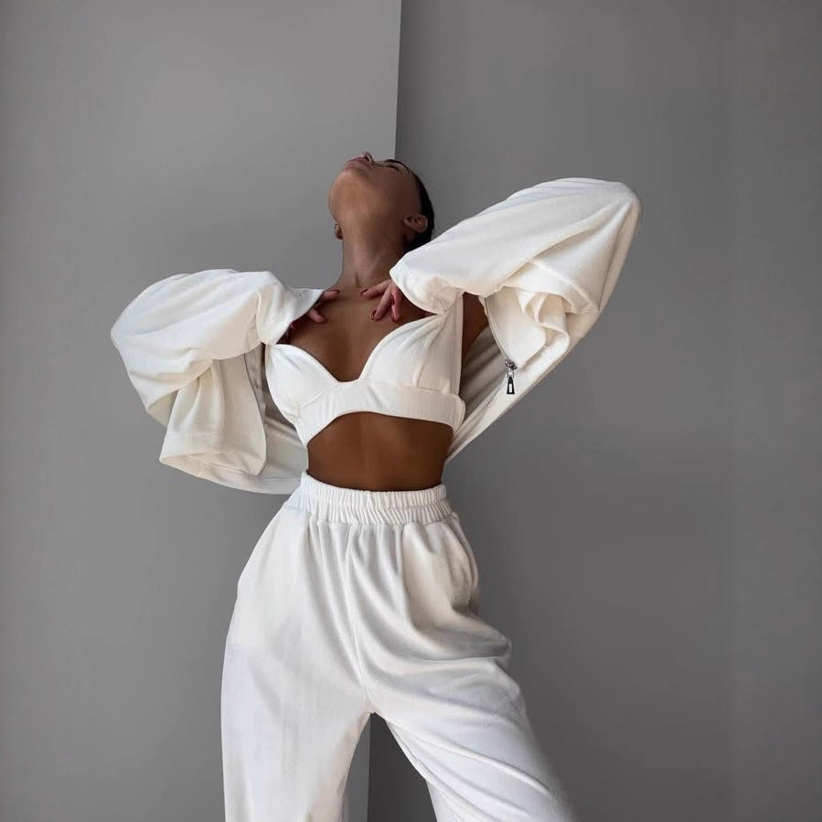 Damen Modisches Velours Set mit cropped Oberteil und weit geschnittenen Hosen Drune