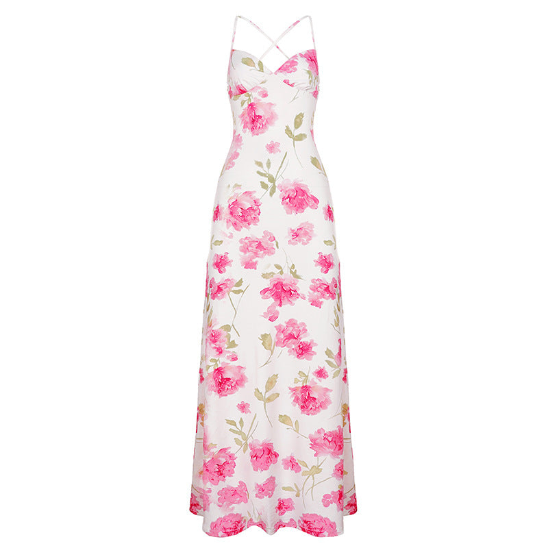 Damen Maxikleid mit zarten Blumenmuster und tiefem V-Ausschnitt Drune