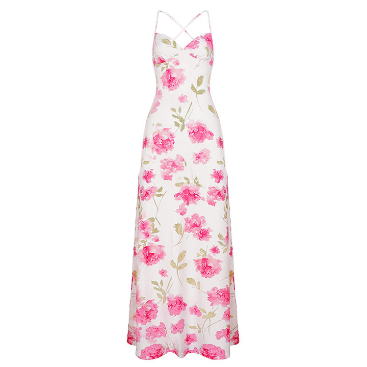 Damen Maxikleid mit zarten Blumenmuster und tiefem V-Ausschnitt Drune