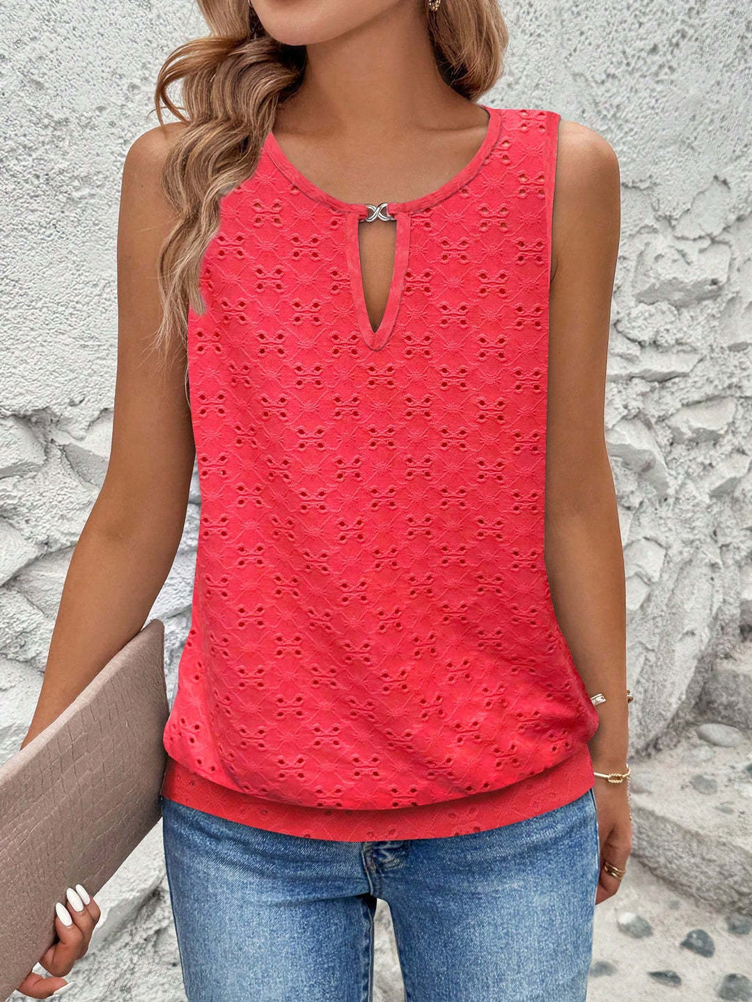 Damen luftiges Tanktop mit dekorativem Ausschnitt und feiner Struktur Drune