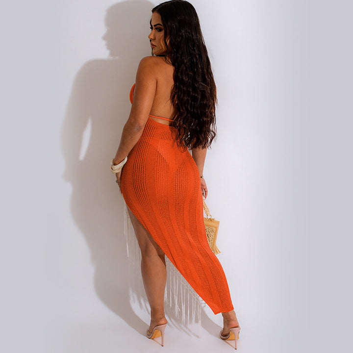 Damen Häkel-Maxi-Kleid mit eleganten Fransen und asymmetrischem Schnitt Drune