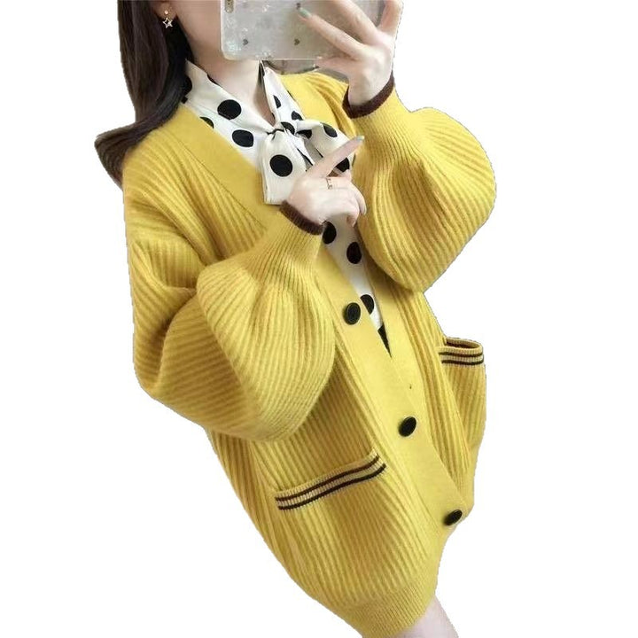 Damen Modische Strickjacke mit hohen Taschen und dekorativen Knöpfen Drune