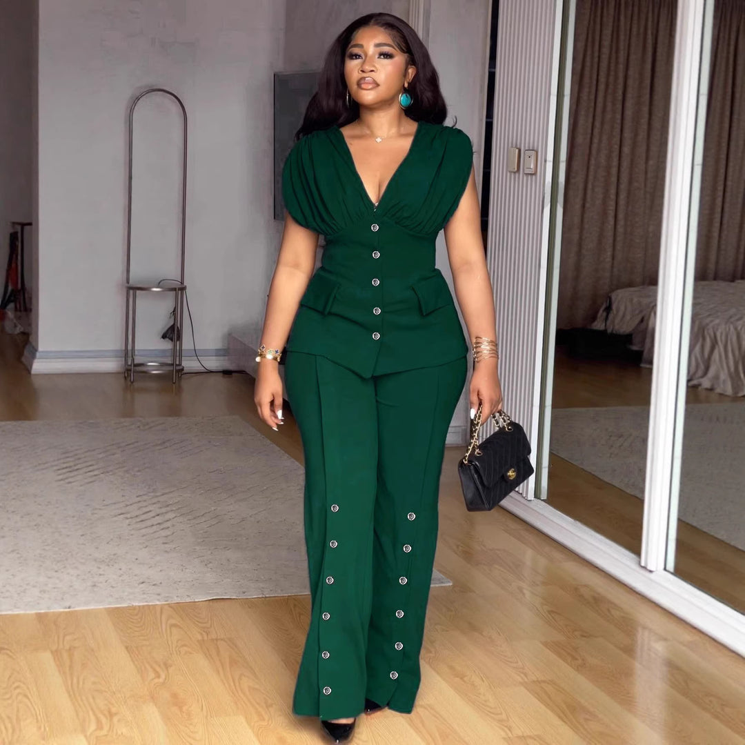 Damen elegantes Jumpsuit mit tiefem V-Ausschnitt und auffälligen Knopfdetails Drune