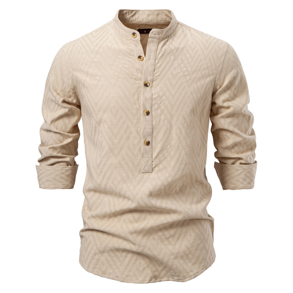 Herren nan Jacquard-Hemd mit Stehkragen, halber Knopfleiste und Holzoptik-Knöpfen Drune