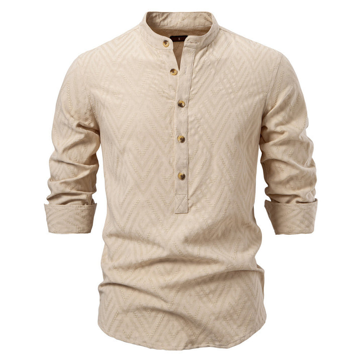Herren nan Jacquard-Hemd mit Stehkragen, halber Knopfleiste und Holzoptik-Knöpfen Drune