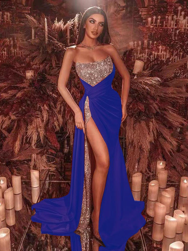 Damen Glamouröses Abendkleid mit schimmerndem Oberteil und verführerischem Schlitz Drune