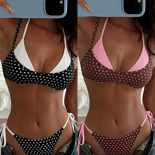 Damen Triangel-Bikini mit verspieltem Punktmuster und verstellbaren Bindebändern Drune