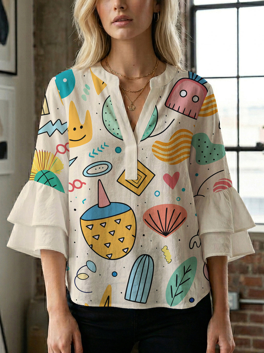Damen modisches Oberteil mit Rüschendetails und kreativem Muster Drune