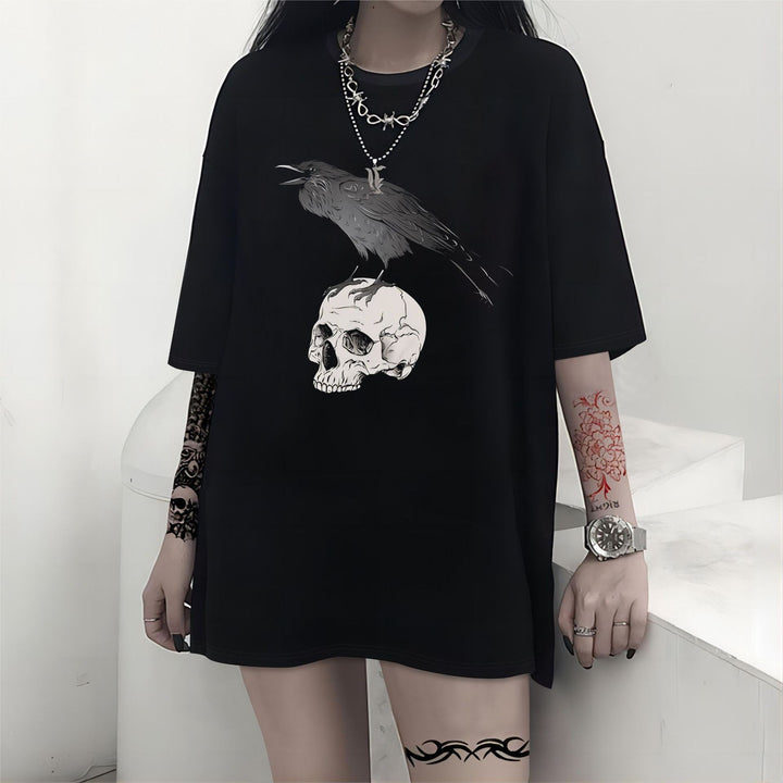Damen T-Shirt mit künstlerischem Skelettmotiv und einzigartigem Druck Drune