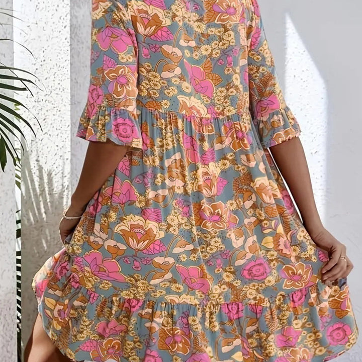 Damen Freizeitkleid mit V-Ausschnitt und fließendem Schnitt Drune