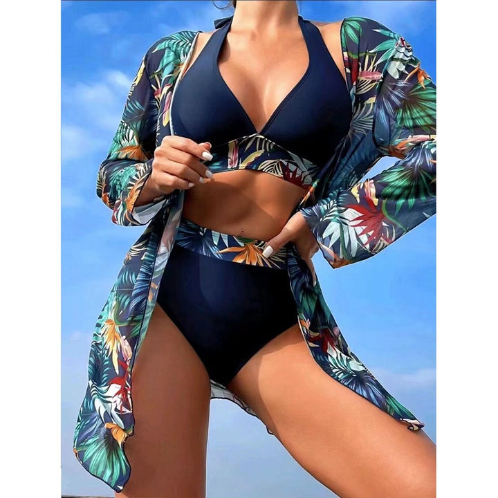 Damen Strandset mit floralem Kimono und High-Waist Bikini Drune