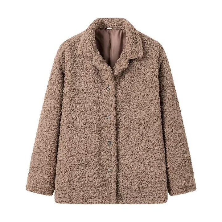 Damen kuschelige Fleecejacke mit Knopfverschluss und hohen Kragen Drune