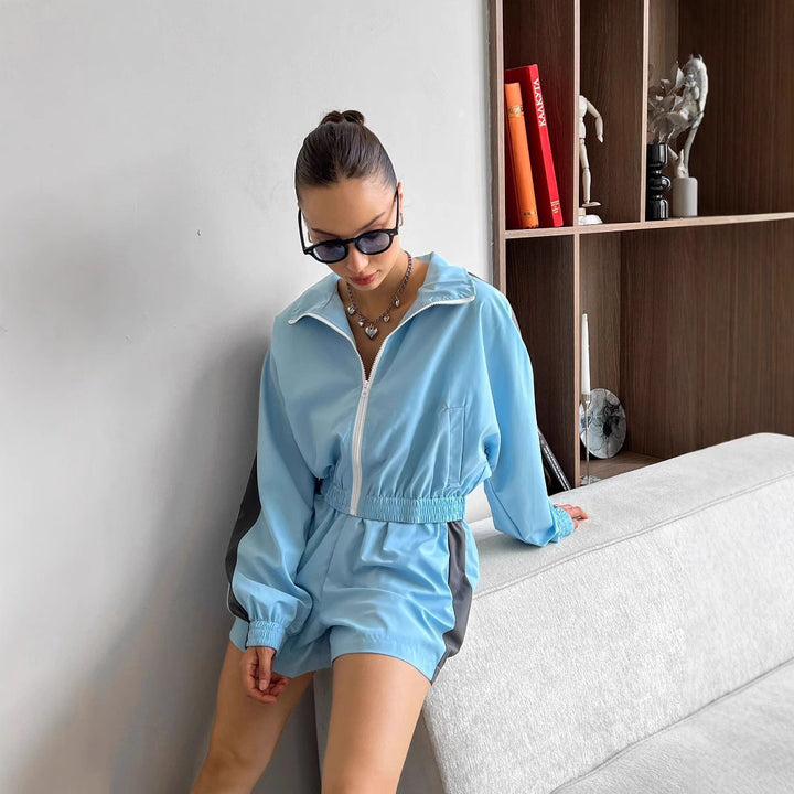 Damen nan kurzes Sport-Trackset mit Crop-Zip Jacke und elastischer Highwaist-Shorts Drune