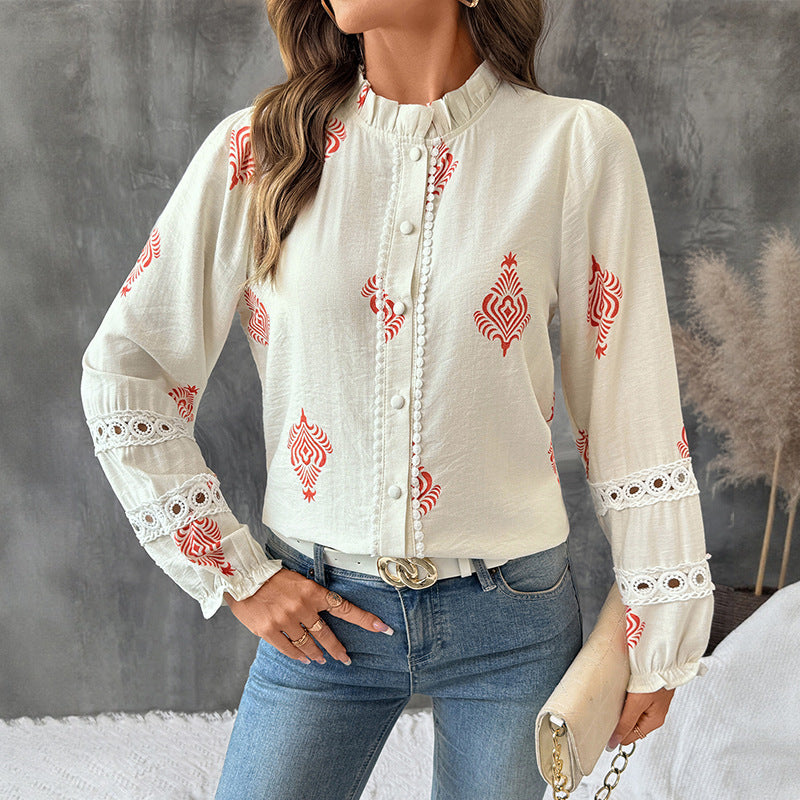 Damen Bluse mit romantischer Stickerei und Rüschendetails Drune