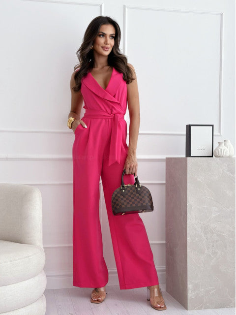 Damen eleganter Jumpsuit mit Wickeloptik und Taillengürtel Drune