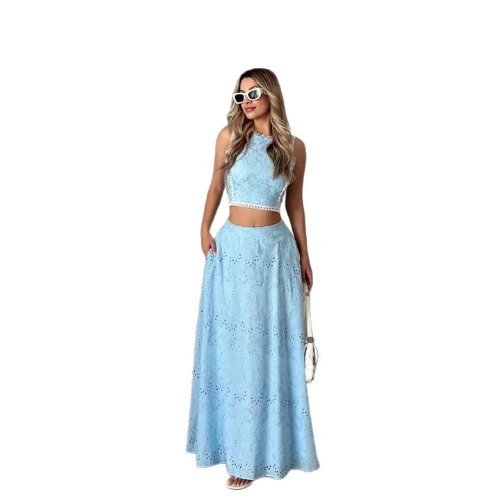 Damen Maxikleid mit filigranem Lochstickmuster und modischem Crop-Oberteil Drune