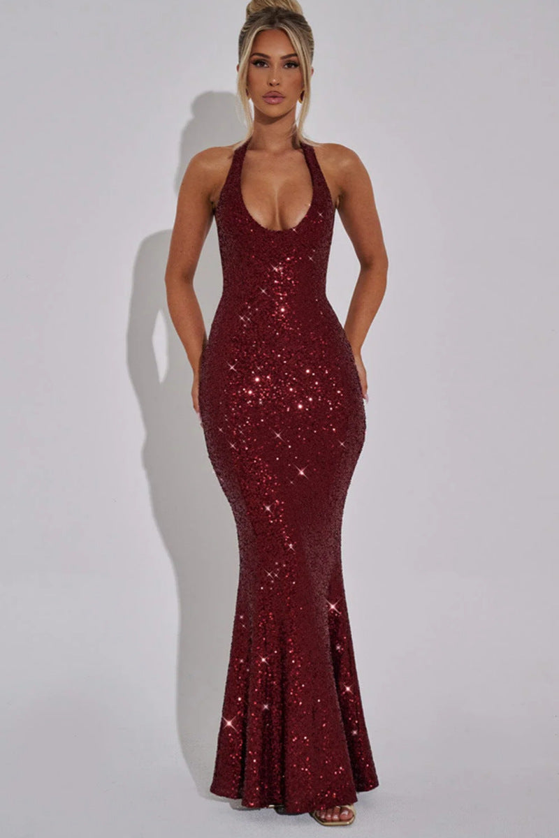 Damen Glamouröses Pailletten-Maxi-Kleid mit tiefem V-Ausschnitt und schmalem Schnitt Drune