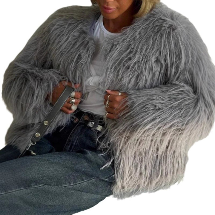 Damen Modische Kunstpelzjacke mit voluminösen Ärmeln Drune