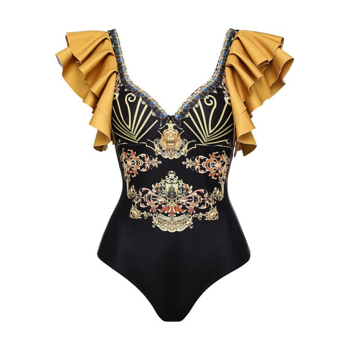 Damen Einteiler Badeanzug mit elegantem Design und passendem Wickeltuch Drune