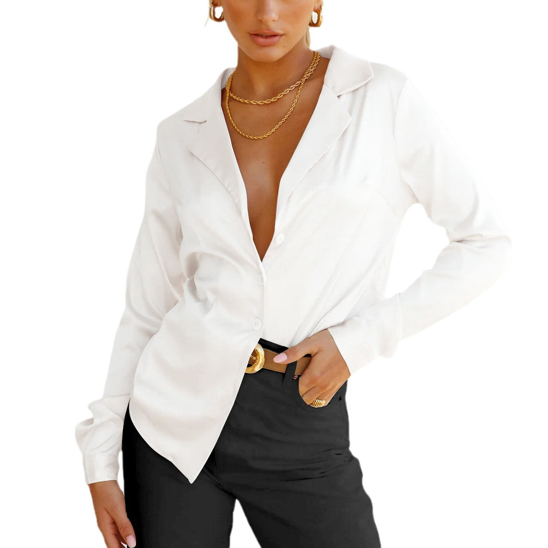 Damen Elegante Seidenbluse mit tiefem V-Ausschnitt und klassischem Kragen Drune