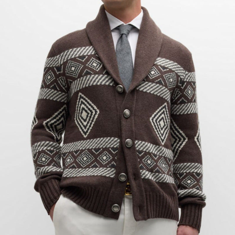 Herren Strickjacke mit modernem grafischen Muster und klassischem Kragen Drune